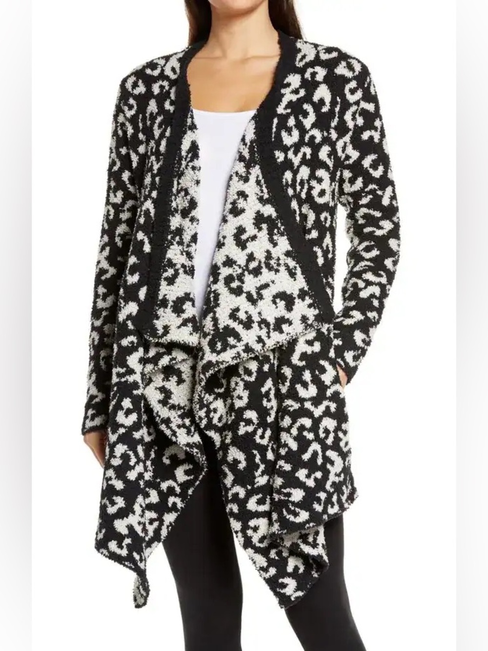 UGG Phoebe Wrap Cardigan Leopard Print Black White Fuzzy Open Front